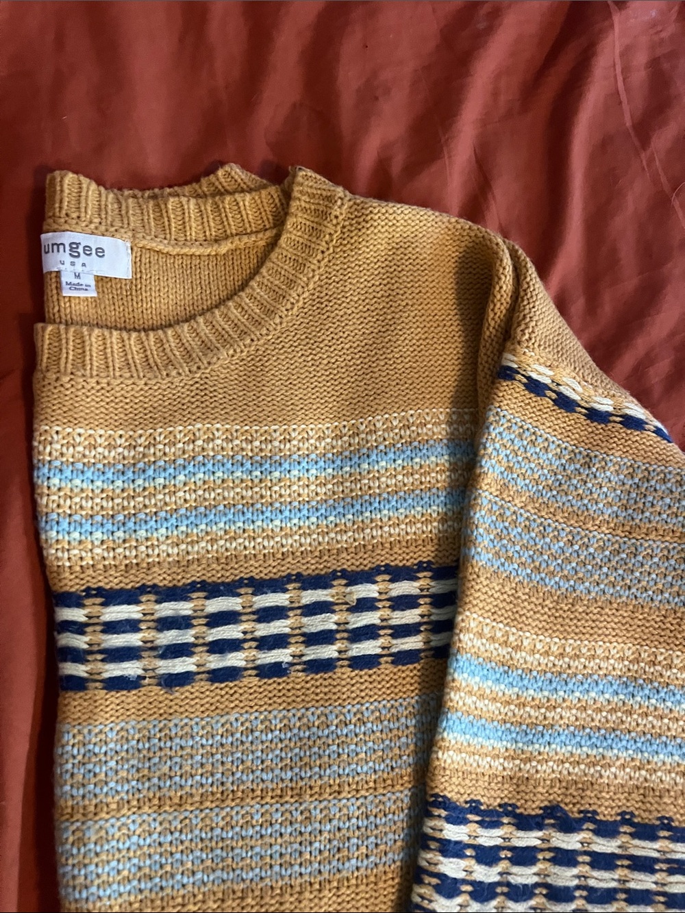 Umgee Mustard Striped Crewneck Sweater with Navy & Light Blue Accents